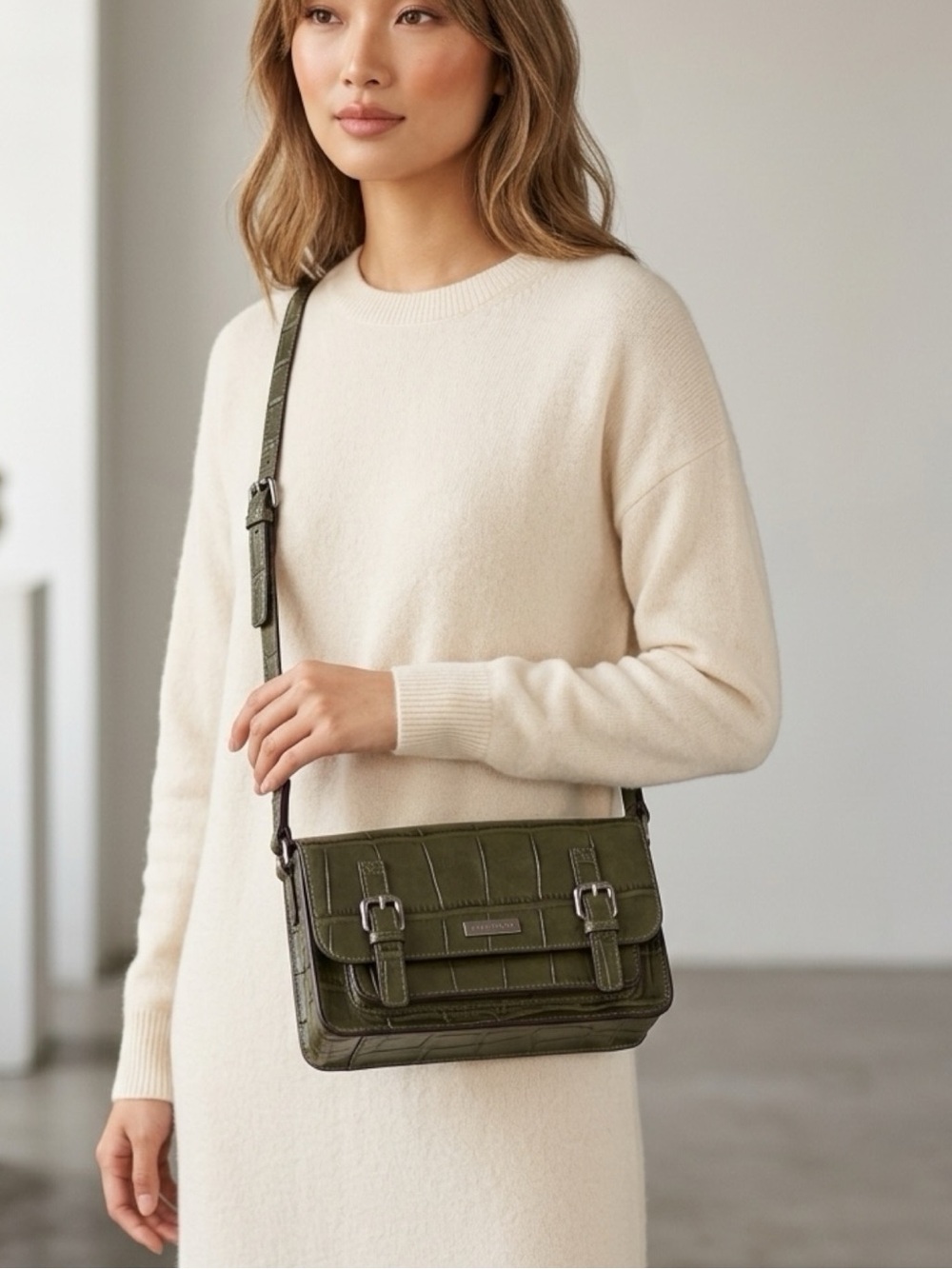 Kate Spade Knightsbridge Scout Crossbody Bag Croc Embossed Olive Green